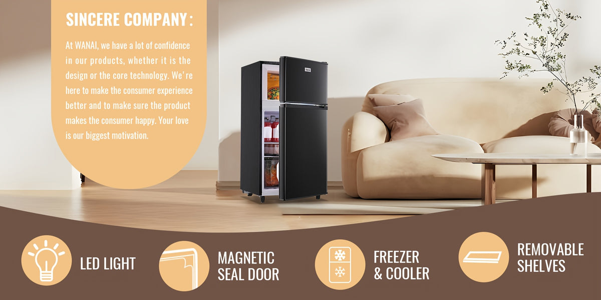 Mini Refrigerator with Separate Freezer and 7-Level Thermostat — WANAI Black, 3.5 or 4.5 Cu. Ft.