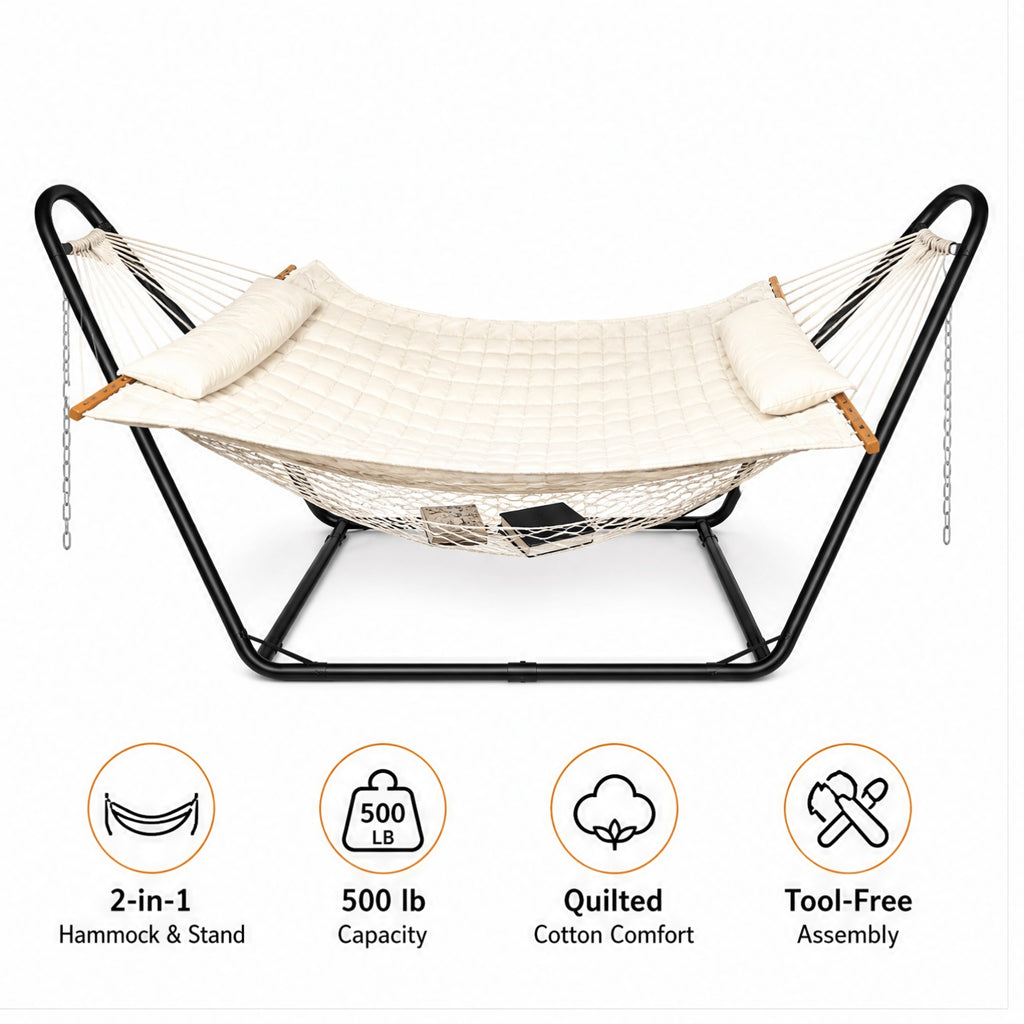 127.95 X 45.28 X 55.12inch Heavy Duty Hammock with Stand Set, 520Lb Weight Capacity, Double Layer Padded Cotton Bed (White/Gray) with Black Frame, Including Chain And Nylon Rope And Bottom Storage Net, Foldable for Yard Camping Porch