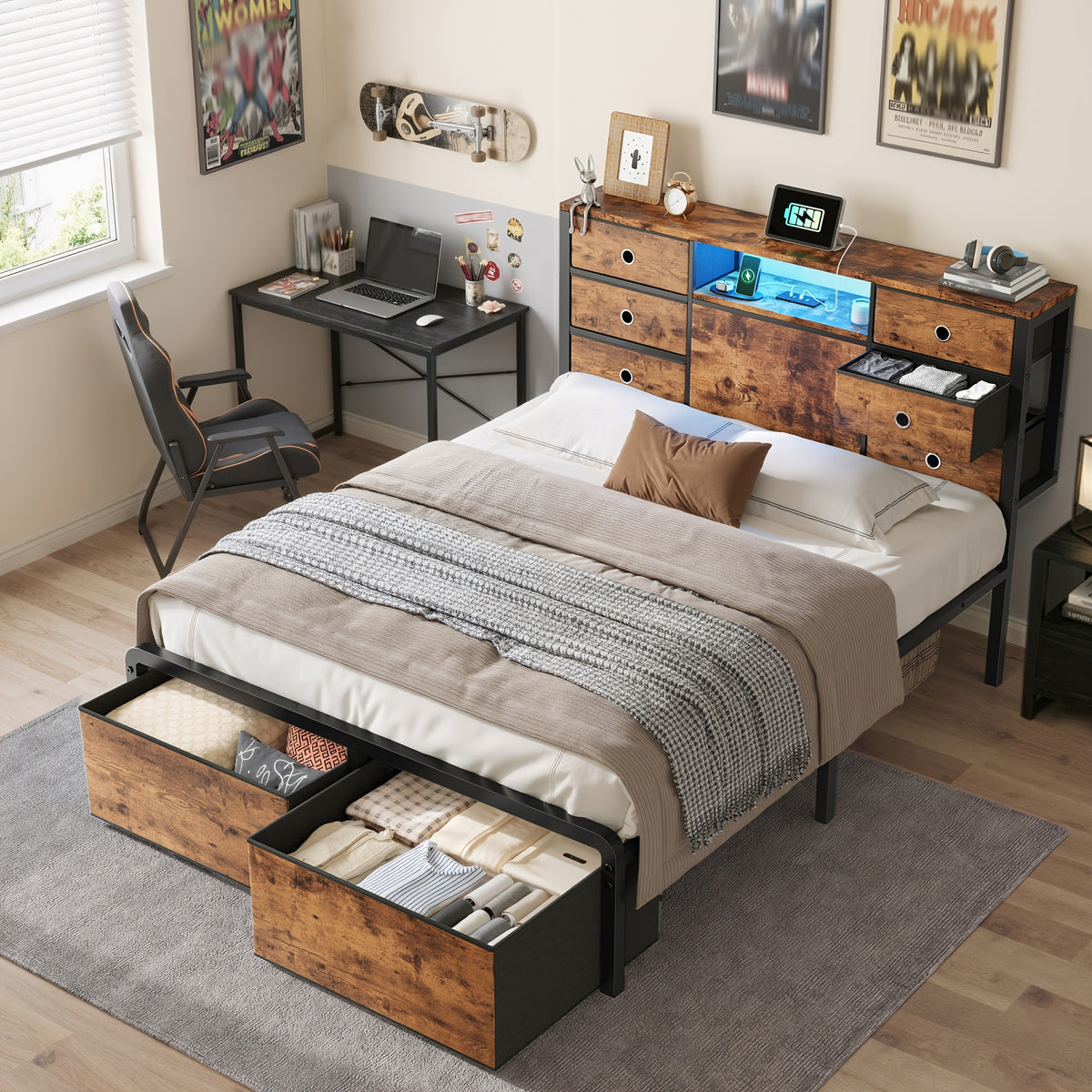 King/Queen/Full Size Storage Bed Frame With 8/9 Drawers & Headboard Storage, Strong Load-Bearing, Multi-Color LED & Power Outlet, Noiseless, Easy Assembly, Black & Tiger Brown