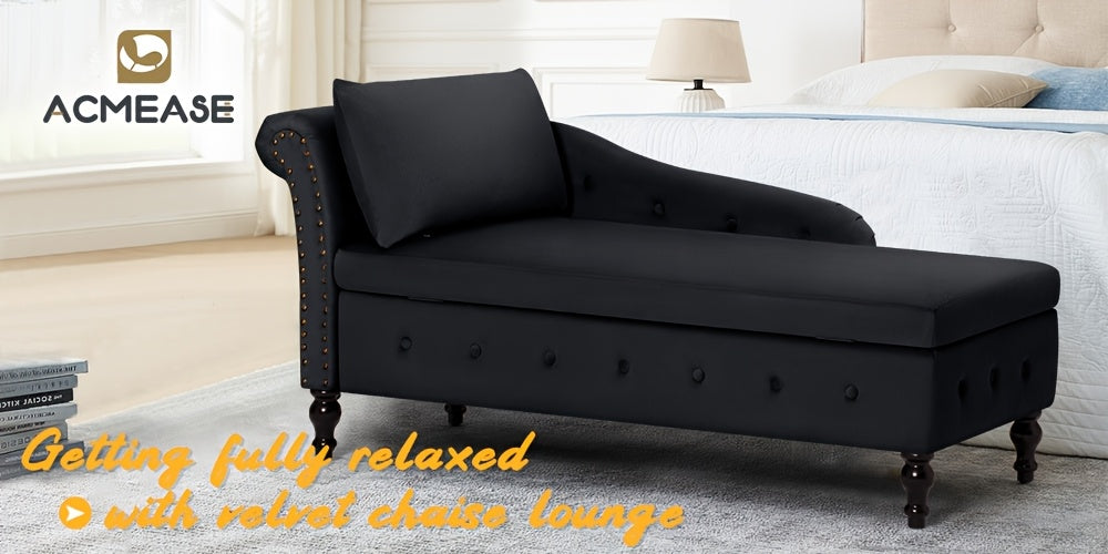 ACMEASE Classic Nailhead Trim Velvet Storage Chaise Lounge 57", Upholstered Chaise Sofa With Pillow & Turned Wood Legs For Living Room Decor