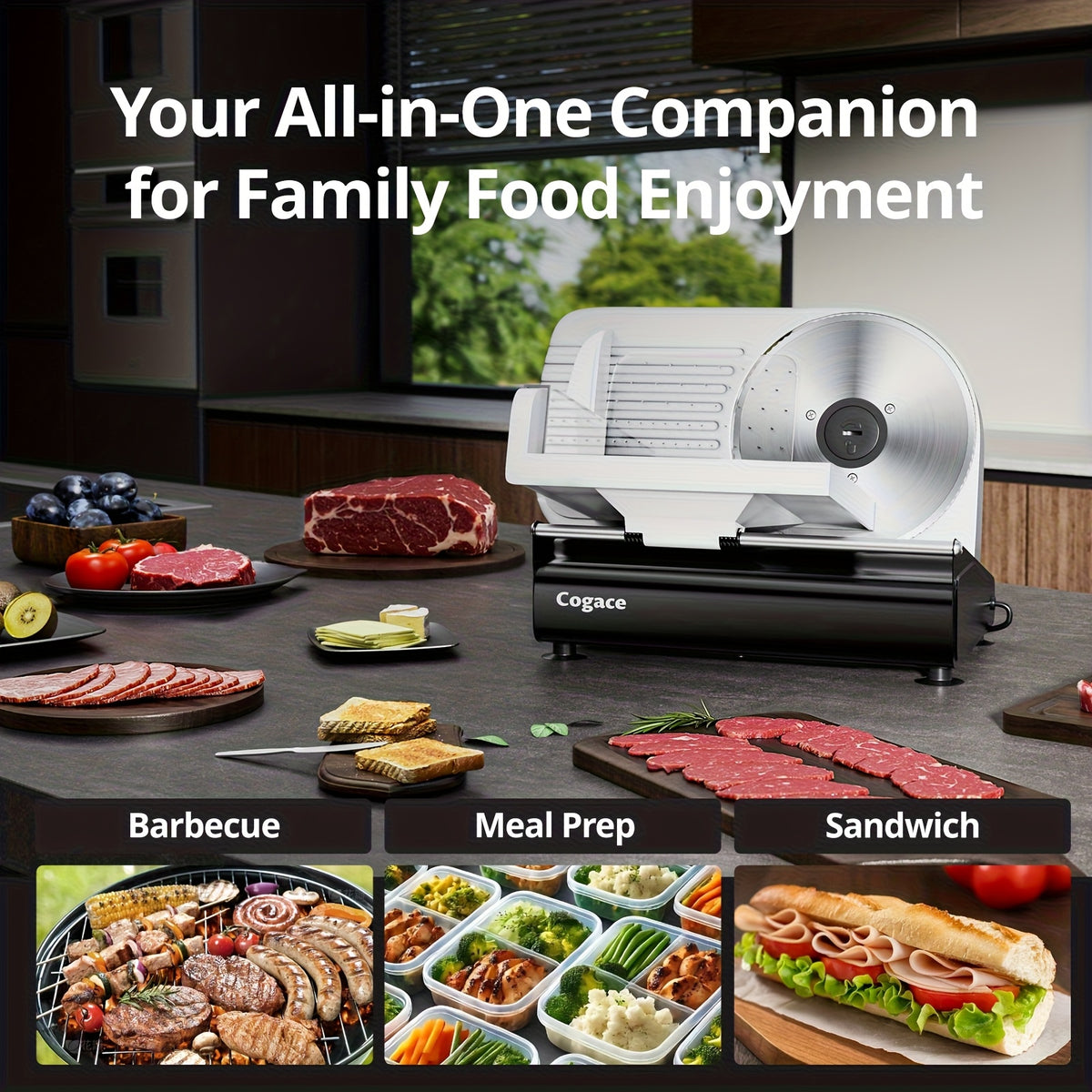 200W Electric Deli Meat Slicer Machine | 3 Types of 7.5'' Blades, Adjustable Thickness 0-15mm, for Meat, Cheese, Bread, Vegetables, Home Use, Steel Material, Brand: COGACE