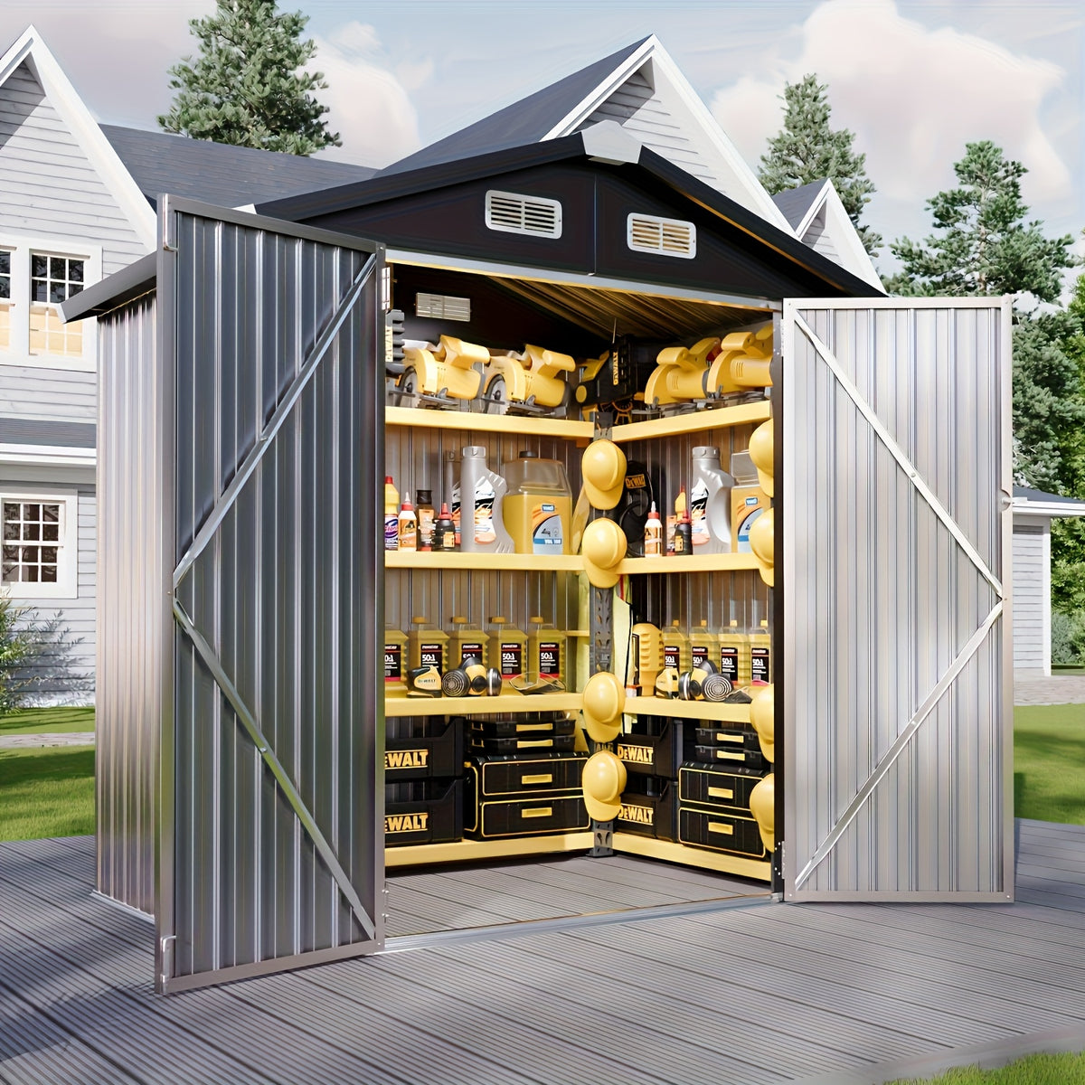 12x20/6x4ft Metal Storage Shed - Outdoor Garden Shed Kit, Lockable Tool Shed, Backyard Shed with Double Hinged Doors, Carport for Car, Truck, Bike And Lawn Mower & Equipment, Brown