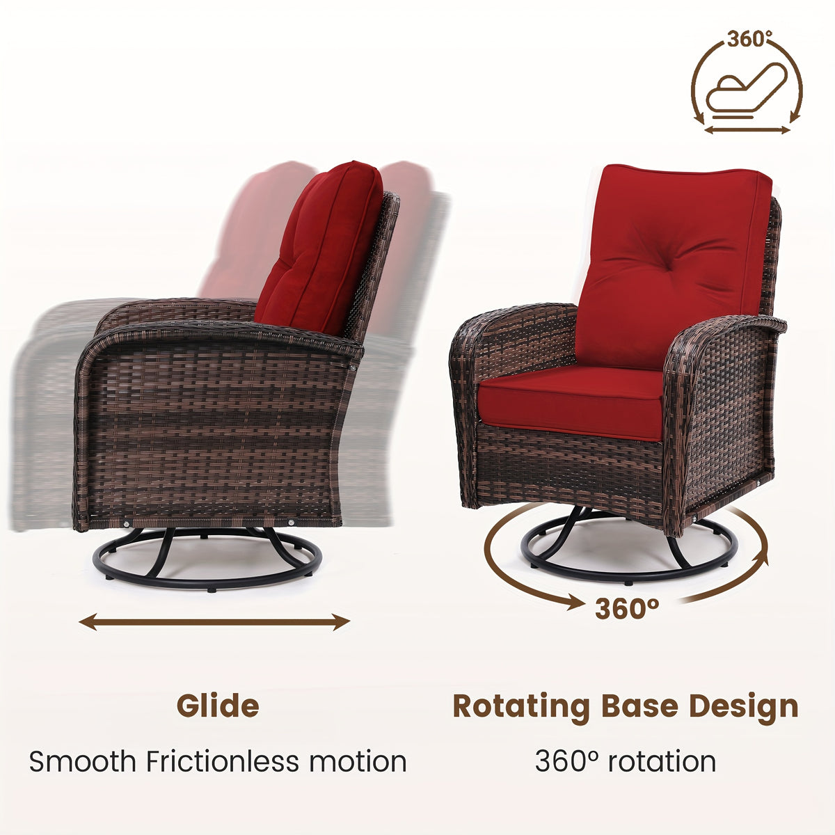 3pcs Patio Wicker Glider-Rocker Set, 360-Degree Swivel, Includes 2 Large Wicker Gliders And Matching Rattan Table, Thick Comfortable Washable Cushions, Perfect for Deck, Porch, Patio, As an Accent Chair Set