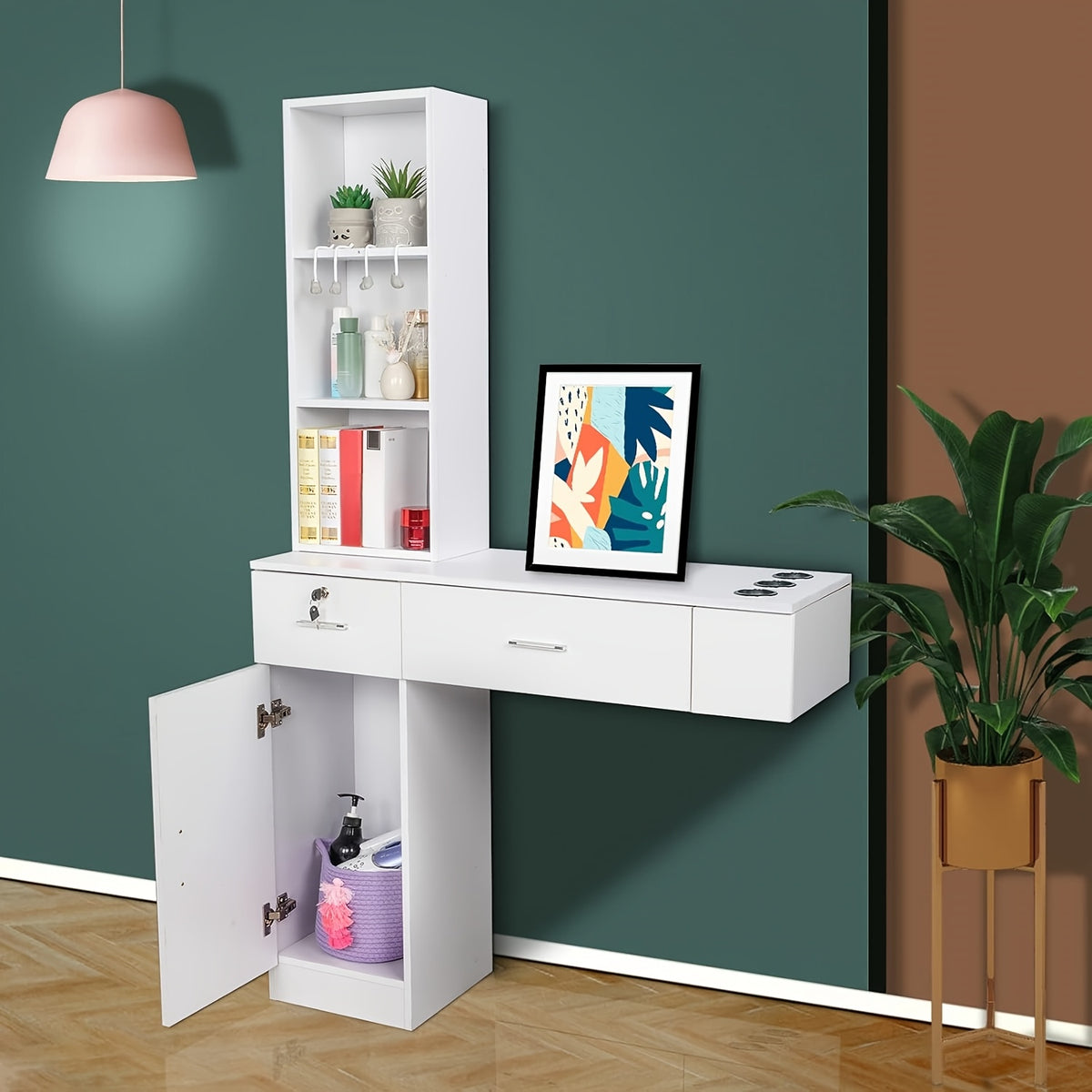 [Barber Stations Set] Omysalon Wall-Mounted Barber Stations, Salon Stations for Hair Stylists, Hair Styling Equipment Set with Storage Unit, 2 Drawers And 3-Tier Shelf (White/Black & Red/Black)