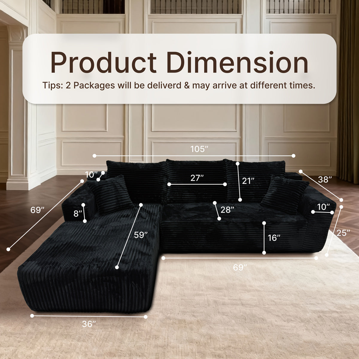 105" Boneless Cloud Couch for Living Room, Modular Sectional Sofa with Chaise, 4-Seater L-Shaped Sofa with Corduroy Fabric, No Assembly Required, Comfy Fluffy Sofa Bed for Bedroom, Compressed Sofa Package.