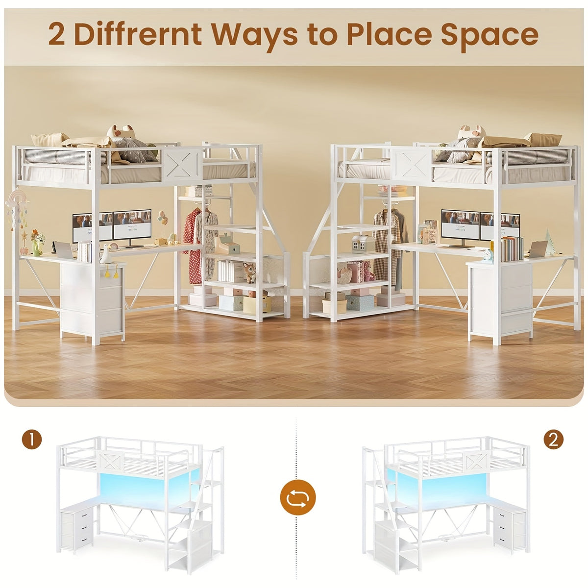 Stairway Twin Size Loft Bed with L Shaped Desk and Wardrobe, Metal Loft Bed Frame with Storage Stairs, 3 Drawers and LED Lights