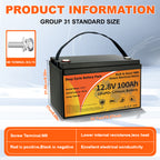 12.8V 100Ah LiFePO4 Battery,Group 31, Built-in 100A BMS, Grade A Battery Cell Deep Cycles, Max.1280Wh Energy, 10 Years Lifetime, Support in Series/Parallel, Perfect for Trolling Motors, RVs, Yacht, Marine, Boat, Solar Off-Grid