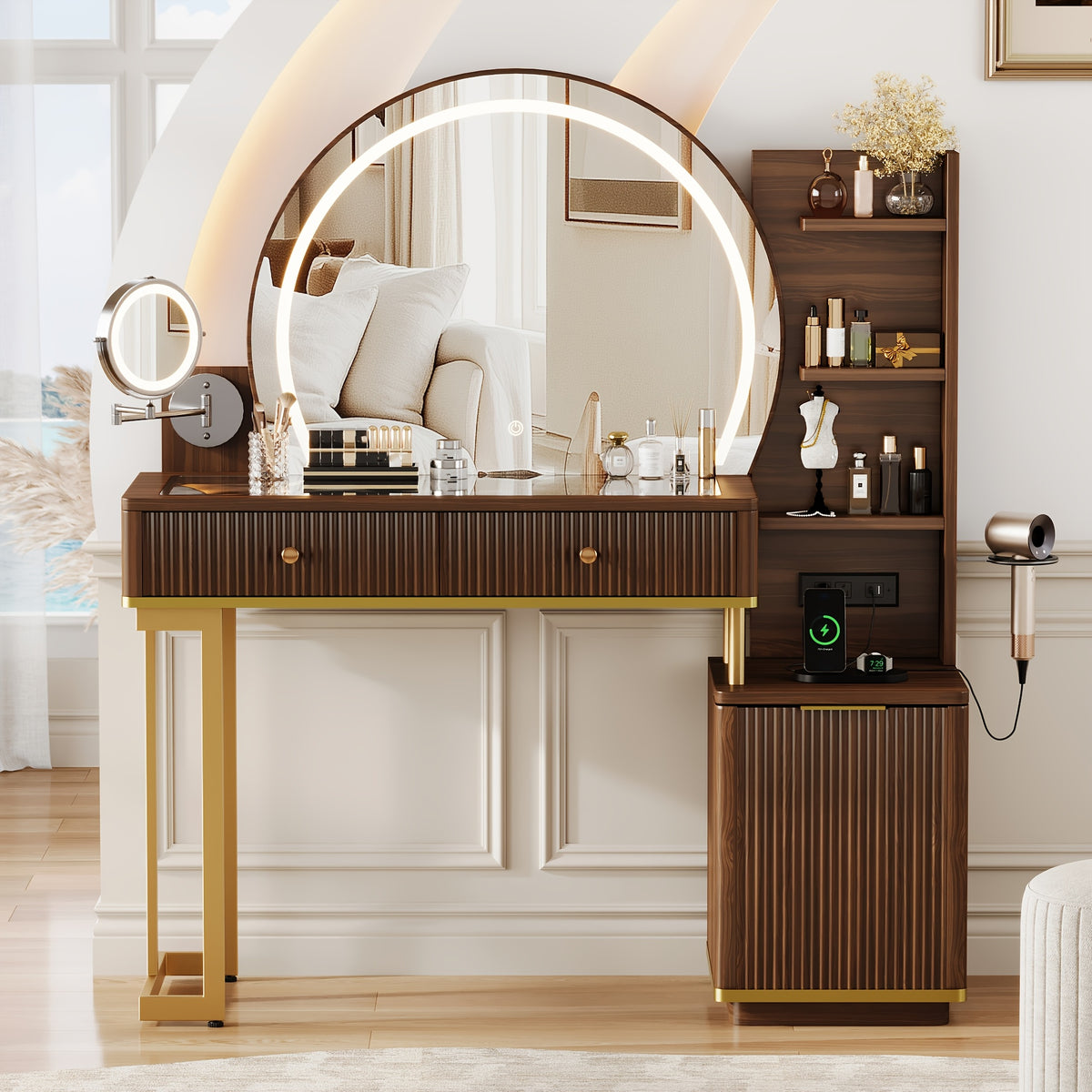 49.8"L Fluted Makeup Vanity Desk with Large 23.6"H Mirror And Lights, Modern Glass Top Big Vanity Table with 2 Drawers & Adjustable Shelves, Dressing Table with Charging Station for Bedroom