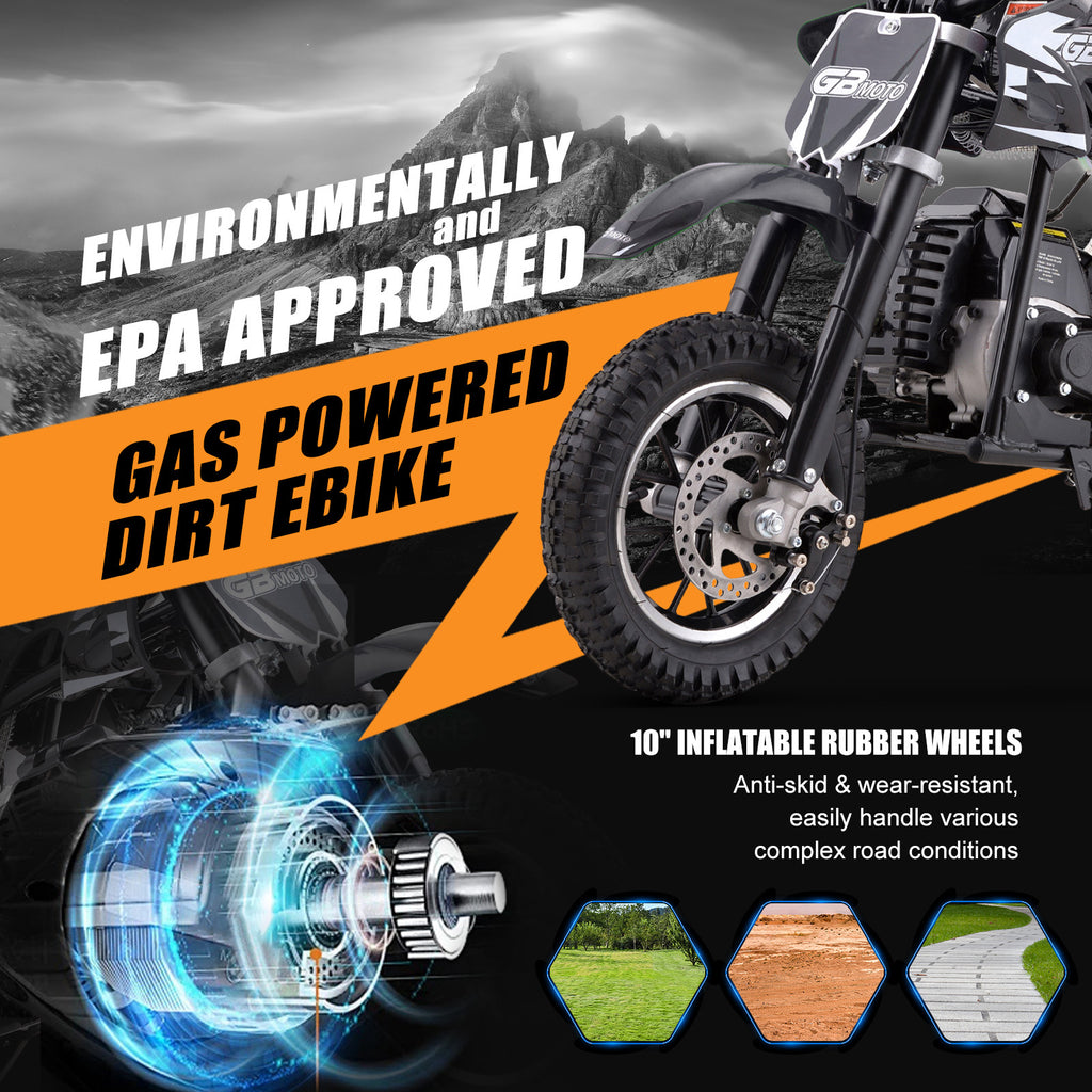 Mini Dirt Bike, 49 CC 2-Stroke Gas Bike (Model :DB001) with Off-Rode Tire, Suspensions, Disc Brakes, Max Load 160Lbs, Up to 20Mph-Included: gloves, face mask, cycling protective gear, cycling boots, and anti-theft lock.
