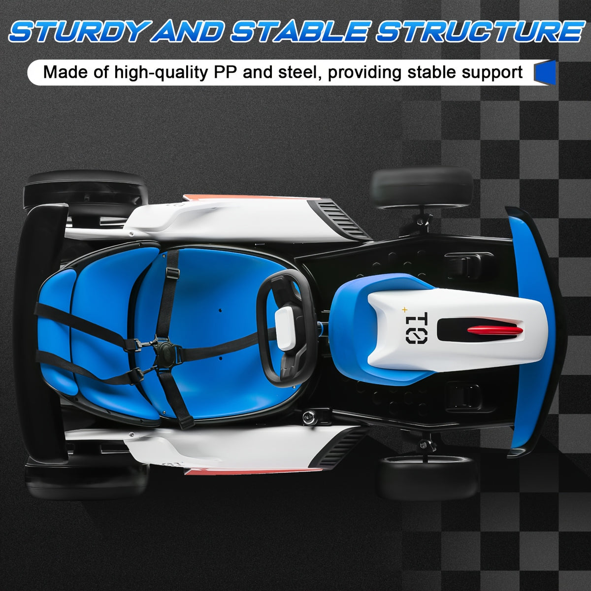 Kids Electric Ride-On Car with 4 PP Foam Tires, 110LBS Max Load, 5-Point Seat Belt, Music Mode & Dual Brake - Exciting Racing Experience for Ages 6+ (Red/Blue)