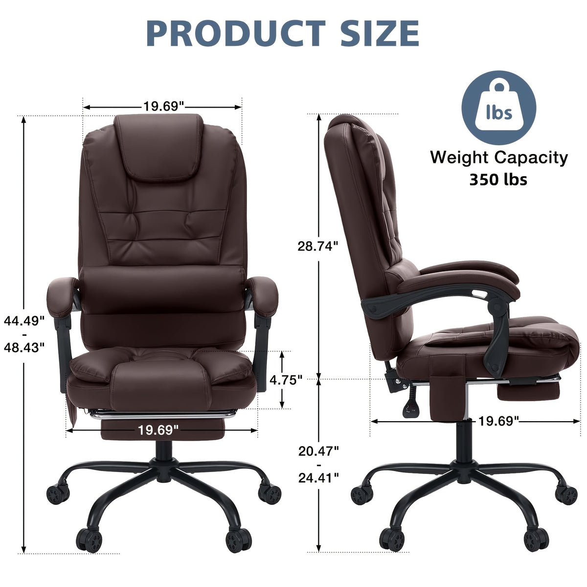 Office Chair Designed for Executives Featuring a 7-Point Massage System, Lumbar Support, And a Swivel Base. It Has a High Back Made of Leather And Includes a Reclining Footrest, Suitable for Home Office Use.