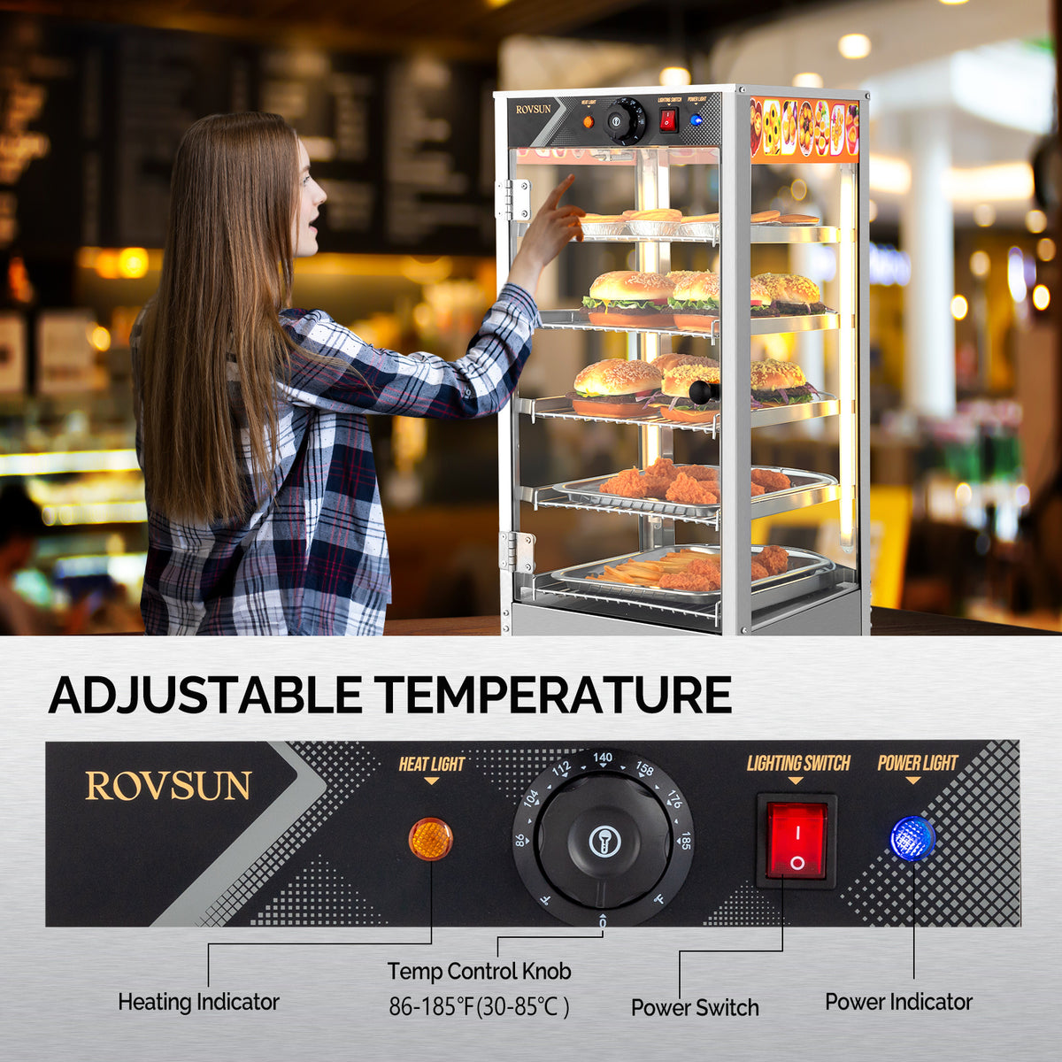 5-Tier Food Warmer Pizza Warmer Countertop, Food Warmer Display Pretzel Warmer with LED Lighting Removable Shelves Glass Door, Pastry Display Case for Buffet Restaurant Cafe, 110V 800W