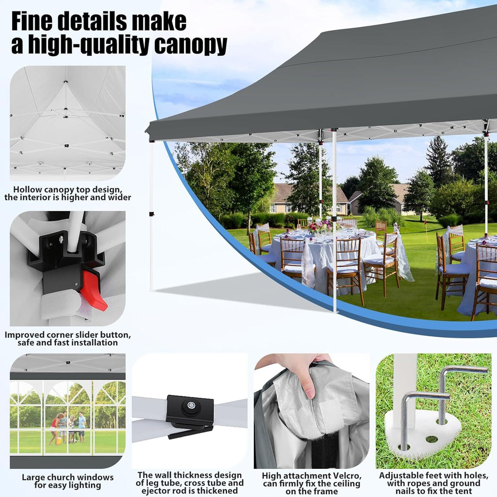 10X20Ft Pop Up Canopy Tent, Canopy with 6 Side Walls, Wedding Party Tent, Outdoor Gazebo Awning, 3 Adjustable Heights with Carry Bag, Heavy Duty Event Booth Waterproof Tent for Backyard, Lawn, Camping Party, Holiday Party, Outdoor Celebration