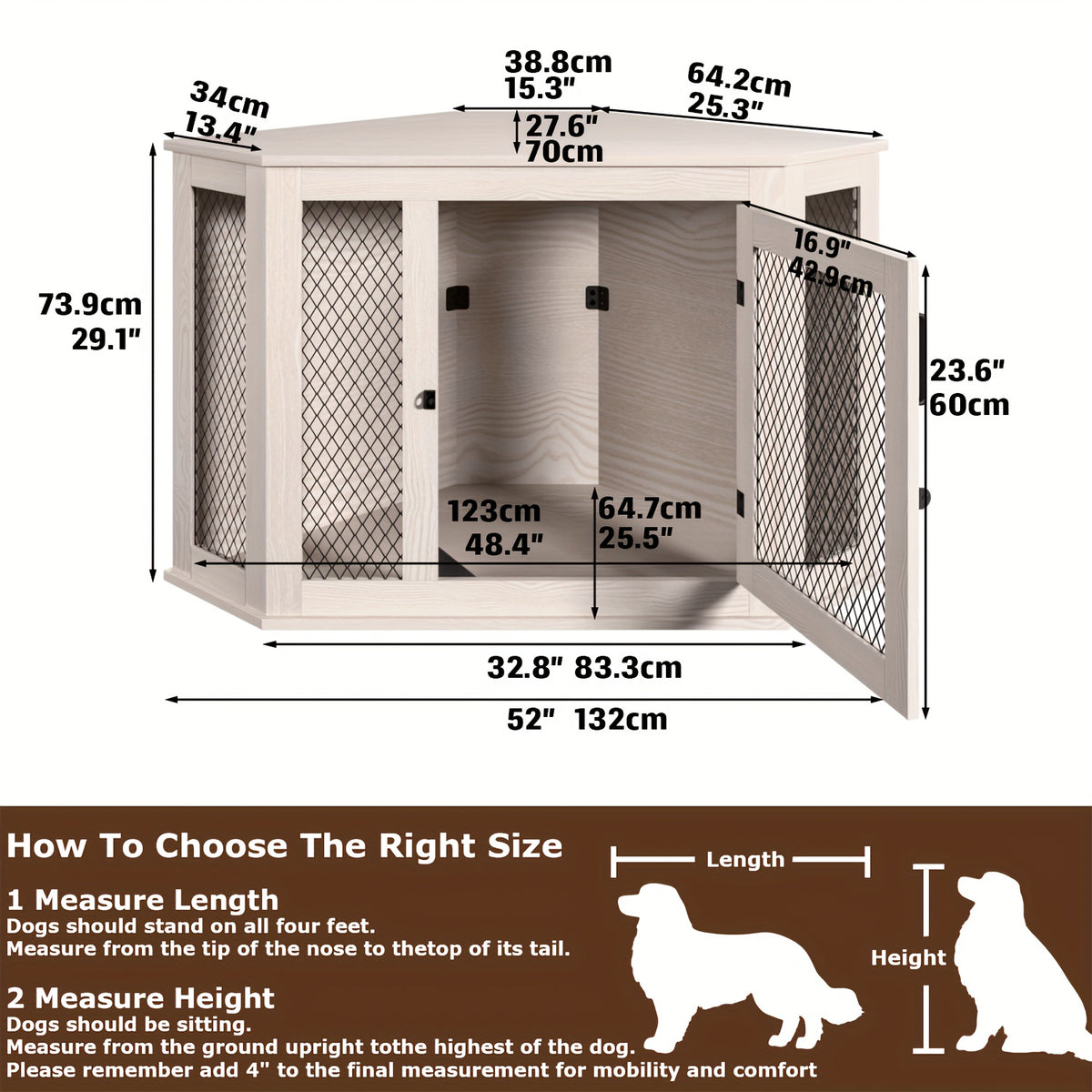Furniture Corner Dog Crate, 52" Wooden Dog Kennel Furniture End Table with Mesh, Indoor Pet Crate Side Table for Small Medium Dogs Puppy, Perfect for Limited Room