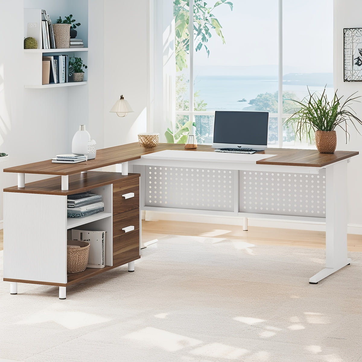 62.99" L Shaped Desk with Drawers And Storage, Farmhouse Computer Desk with File Drawers, Corner Executive Desk with Open Shelves for Home Office