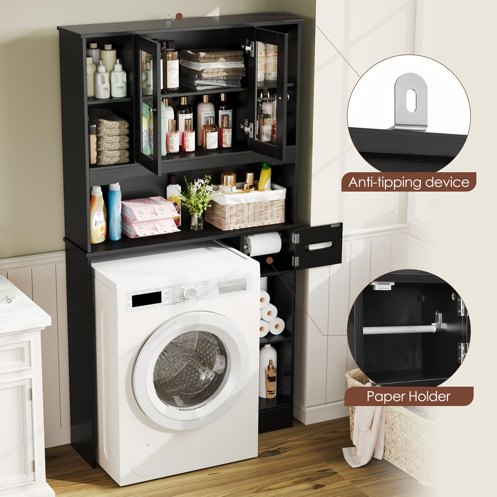 Storage Cabinet for Above The Toilet, Featuring Glass Doors And a Paper Holder, Designed As a Bathroom Shelf to Save Space in Restrooms And Laundry Areas