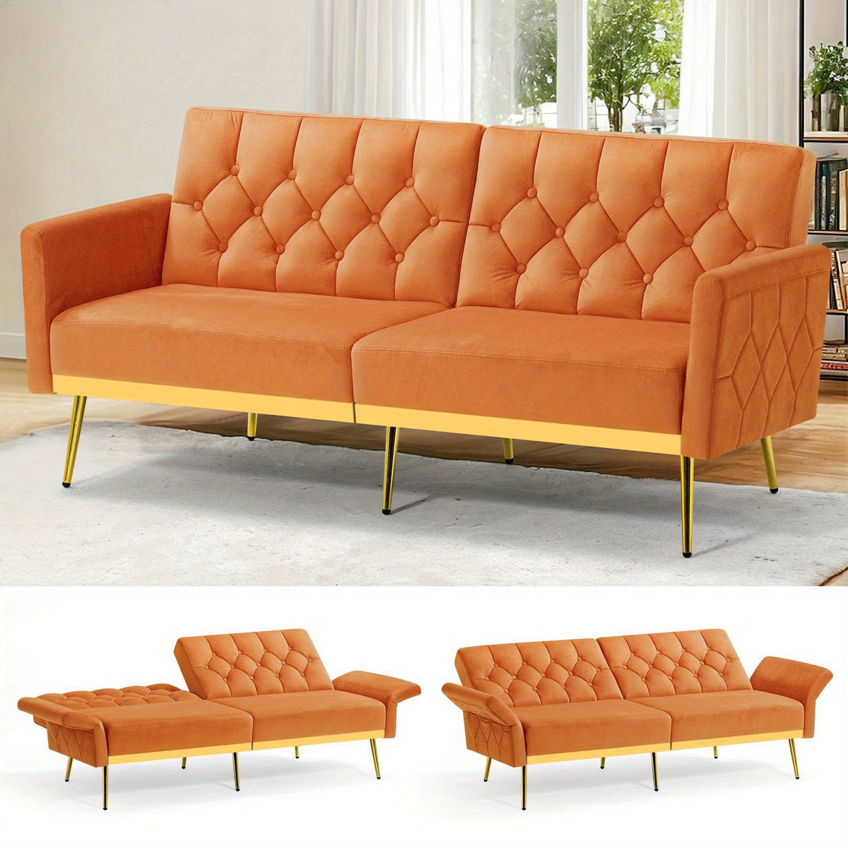 ACMEASE Velvet Sofa Bed Featuring Adjustable Armrests And Backrests, a Contemporary Recliner Sleeper Couch with a Tufted Design, a Convertible Loveseat Sofa with Golden Legs Suitable for The Living Room, Bedroom, Or Studio
