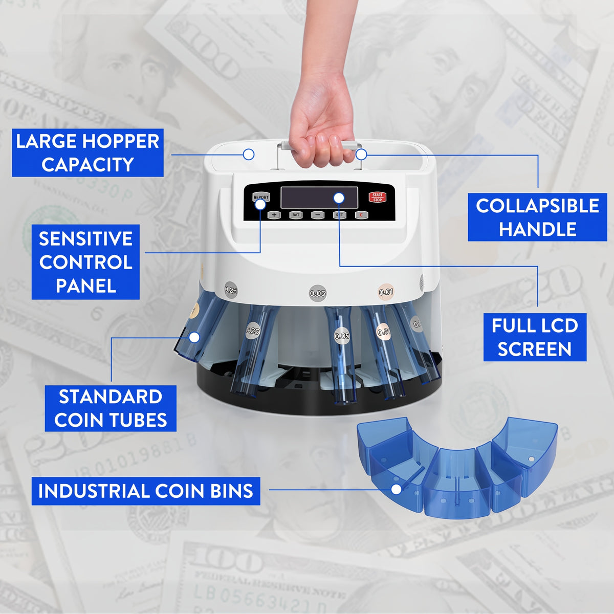 Coin Counter Machine Sorter, Change and Wrapper Roller Counting Organizer, Sorts up to 300 Coins Per Minute, Automatically Sorts and Batches, Office Supplies