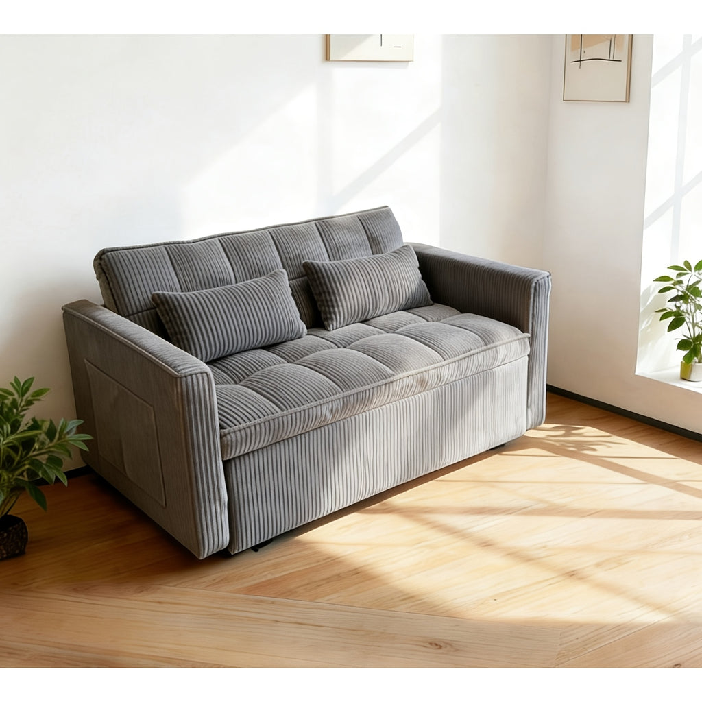 3-in-1 Convertible Sofa Bed, 54-inch Striped Velvet Pull-out Sofa Bed with Adjustable Backrest And 2 Pillows, Small Double Lounge Sofa Suitable for Small Spaces