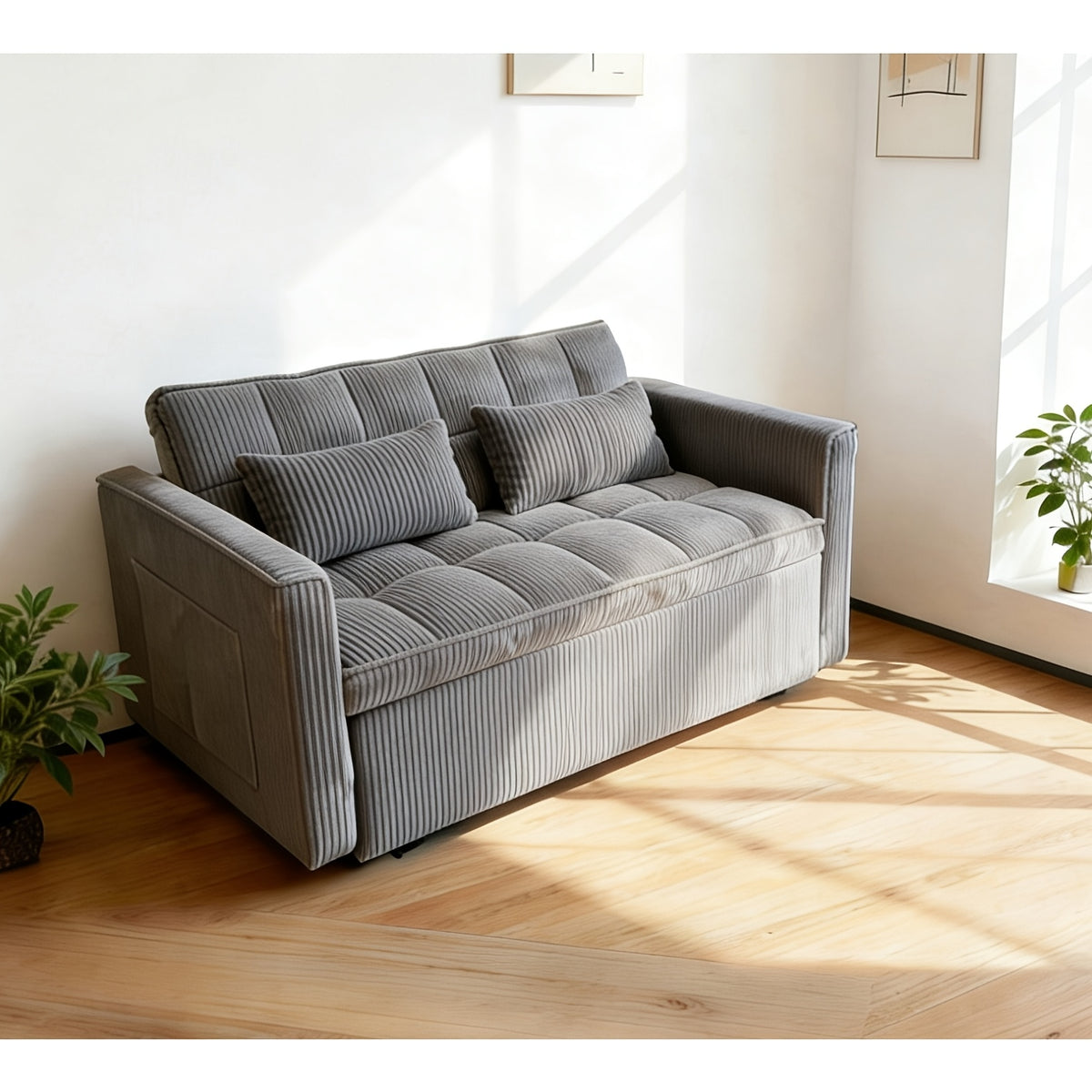 3-in-1 Convertible Sofa Bed, 54-inch Striped Velvet Pull-out Sofa Bed with Adjustable Backrest And 2 Pillows, Small Double Lounge Sofa Suitable for Small Spaces