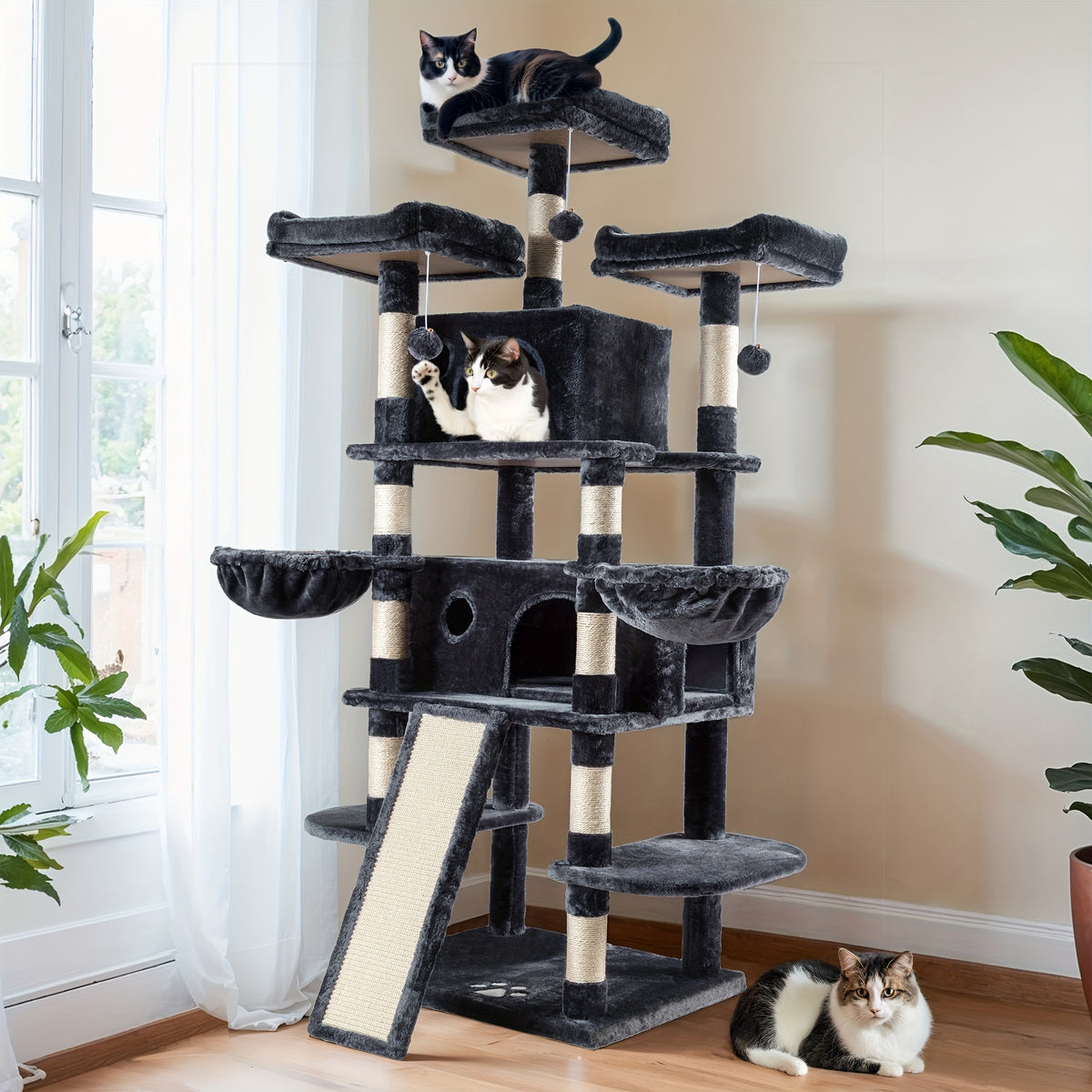 HOOMIC 68-Inch Multi-Level Cat Tree Tower for Large Cats/Cat Condo/Cozy Plush Cat Perches/Sisal Scratching Posts/Baskets/Wide Base Board/Cat Activity Center/Dark Grey/Grey/Beige/Pink/Leopard Print