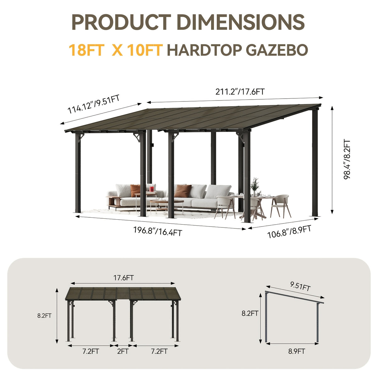 Outdoor Gazebo & Pergola Set - Hard Top Lean-to Wall Mounted Aluminum Alloy Awning With Canopy Roof, Outdoor All-Weather Cover For Patio, Backyard, Deck, Shade & Rain Protection(Multi-size Selection)