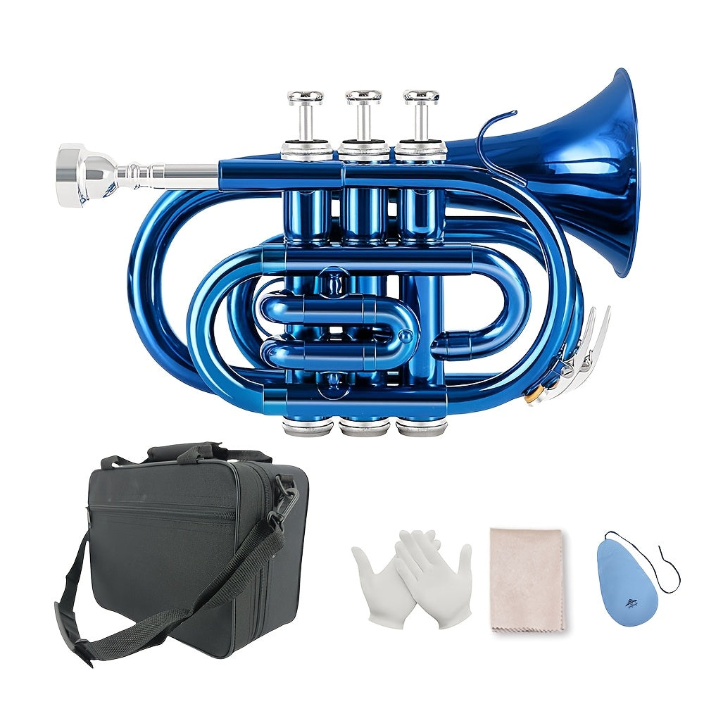 WUQIMUSC Bb Pocket Trumpet Nickel Plated, Brass Beginner Trumpet with 7C Mouthpiece, Case, Cleaning Kit & Gloves Musical Instruments Gift