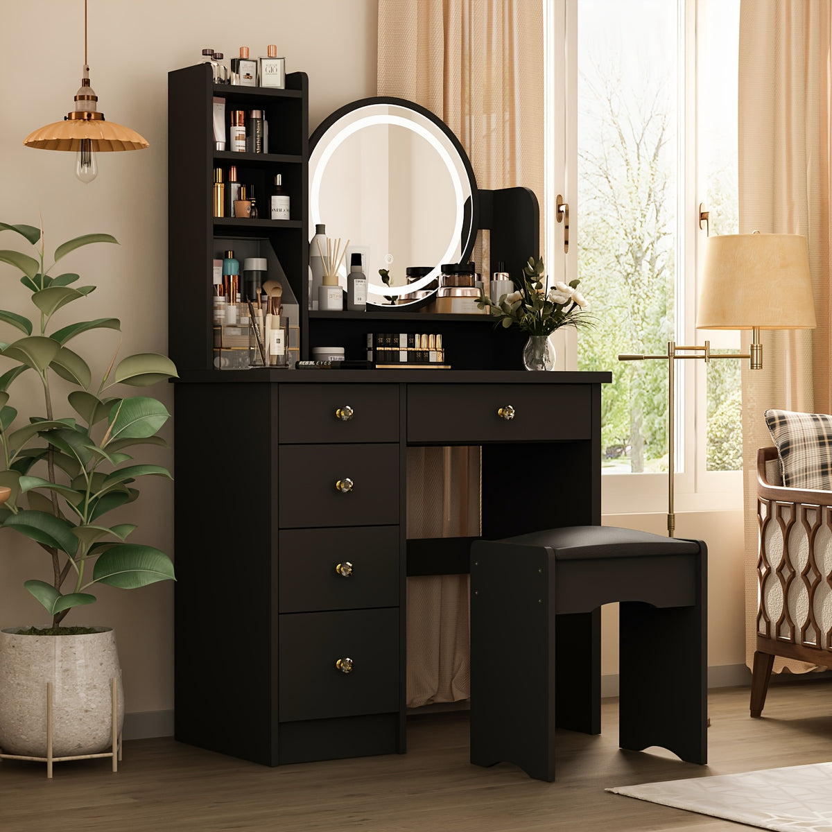 Unique Black Dressing Table Set, With LED Light Mirror, Open Storage Shelves And Stool, Modern Bedroom Dressing Table, Black