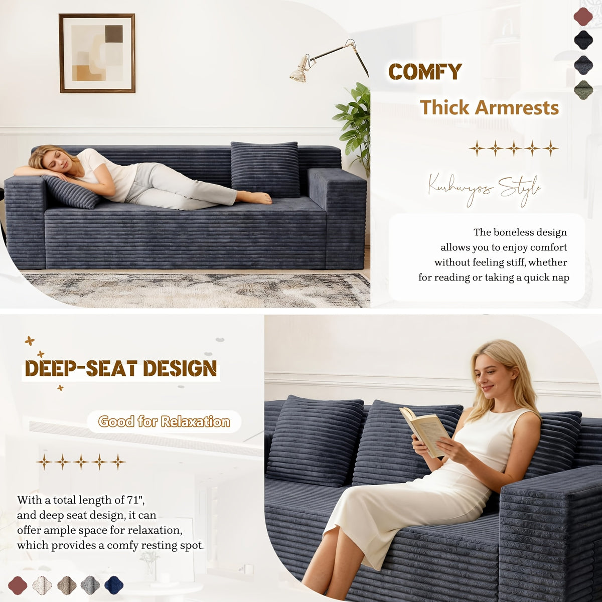 43.3-80.7" Corduroy Living Room Sofa, 3 Setaser Deep Seat Couch With 3 Lumbar Pillows, Comfy Boneless Sofa Modern Compressed Couch For Bedroom, Office, Apartment