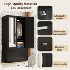 71 Inch Metal Wardrobe with Mirror, 2 Drawers, Adjustable Shelves And Hangers, Clothing Storage Cabinet for Bedroom