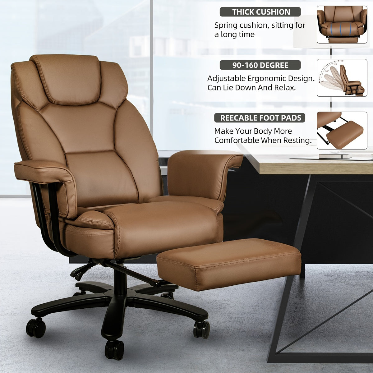 Executive Office Chair — 160° Recline and Footrest for Spacious 400LB Home Office Seating with Casters
