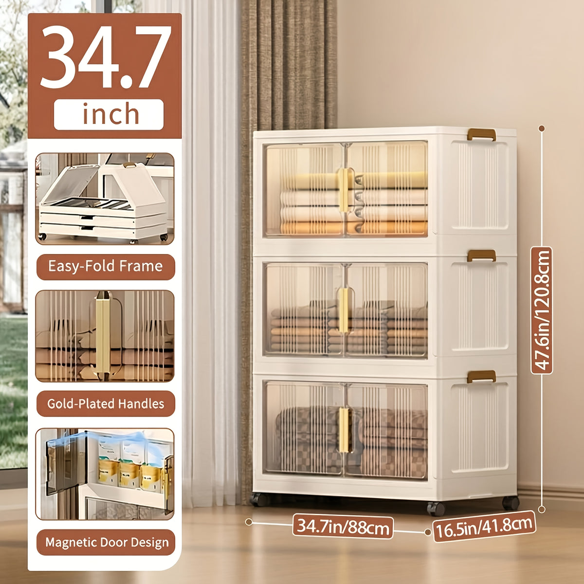 3/4/5-Tier Extra Large 34.7 Inch Plastic Storage Cabinet - Stackable Bins with Doors & Wheels, Foldable Space-Saving Organizer for Bedroom, Living Room, Kitchen, Office, Bathroom, Dorm, Home, And Outdoor Use