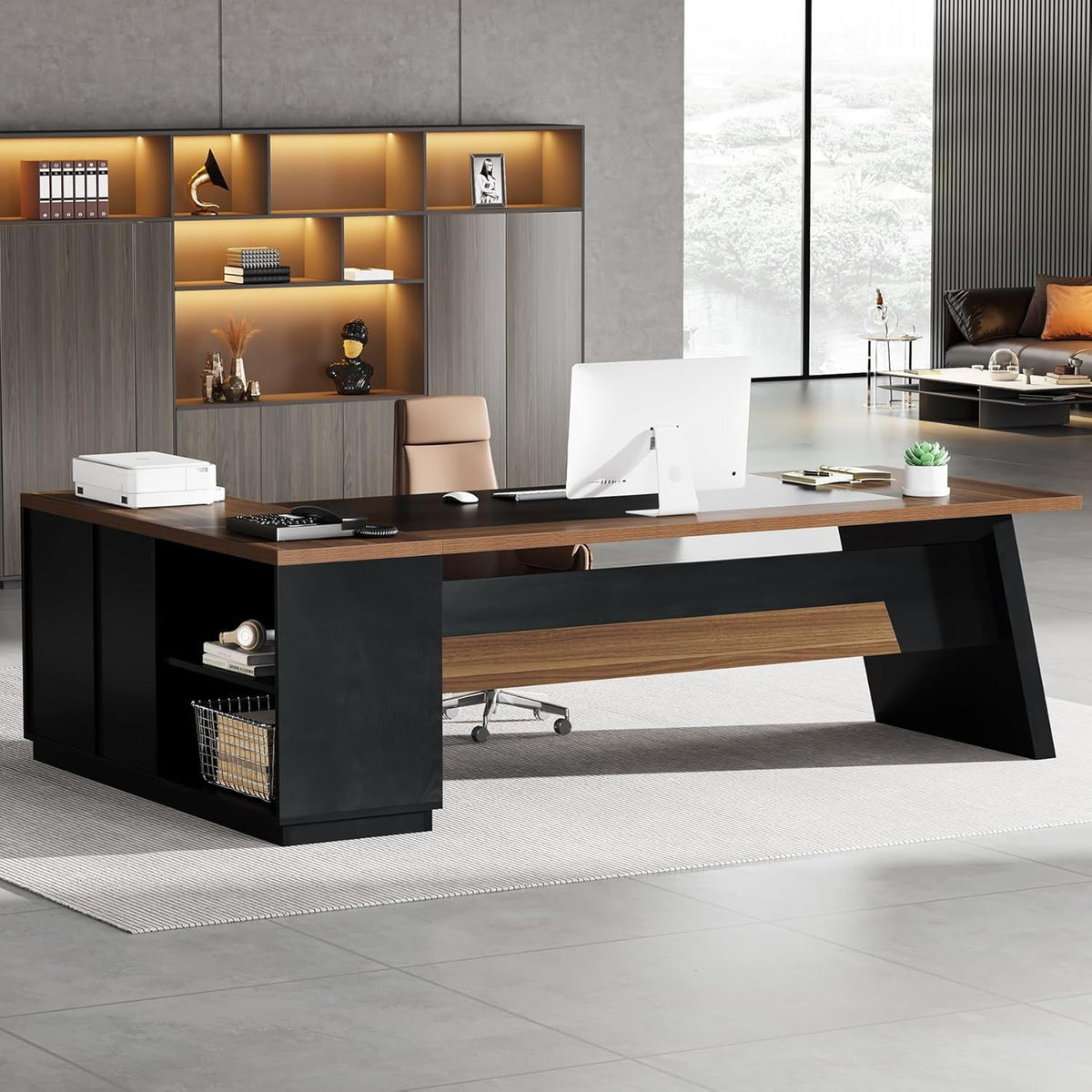 78 Inch L-Shaped Executive Desk, Modern Home Office Desk with Storage Shelves, Large Computer Desk with Drawers and Lateral File Cabinet, Workstation for Home Office