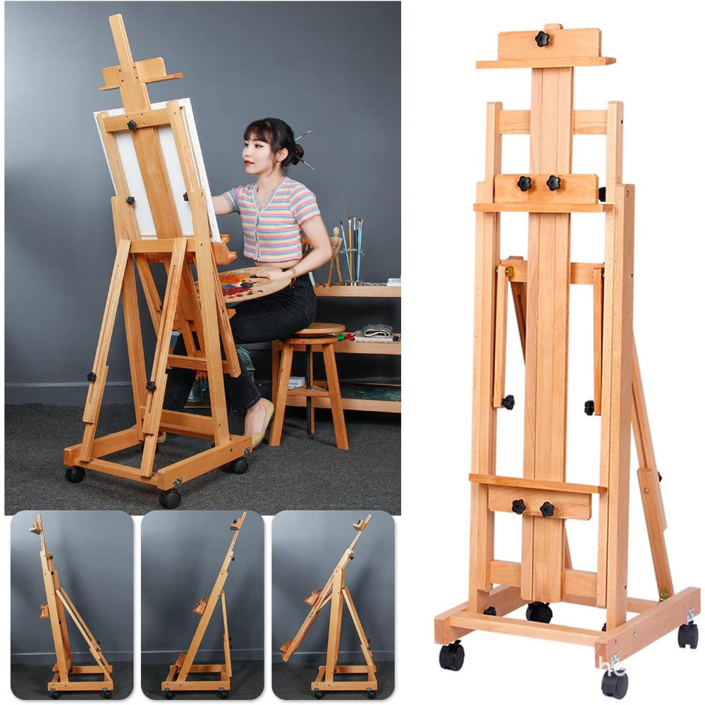 H Frame Easel Multi-Function Studio Easel Solid Beech Wood Easel Adjustable Painting Canvas Holder Stand Tilts Flat Artist Easel with Locking Caster Wheels