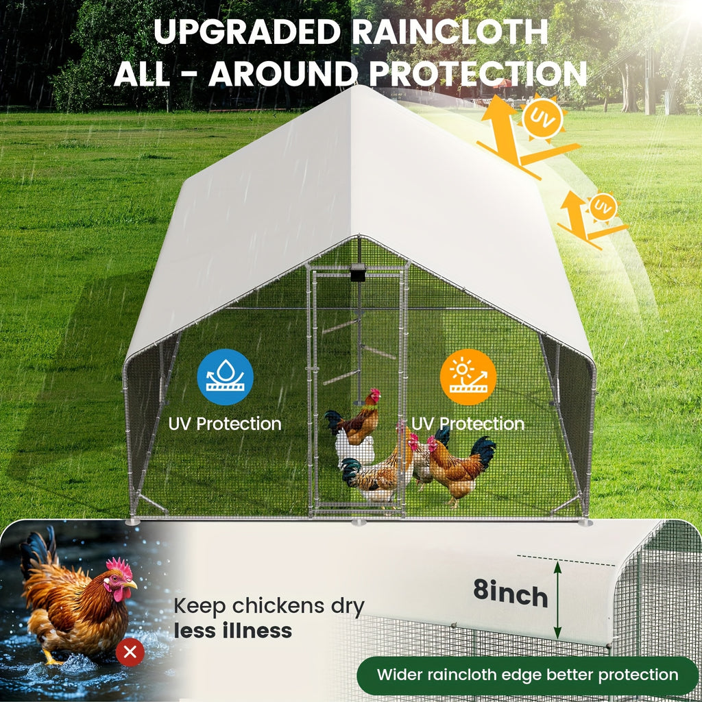 Large Walk-in Metal Chicken Coop with Chicken Run & Hardware Cloth, Solar Light, UV-Resistant Cover, Outdoor Poultry Cage for Farm Use