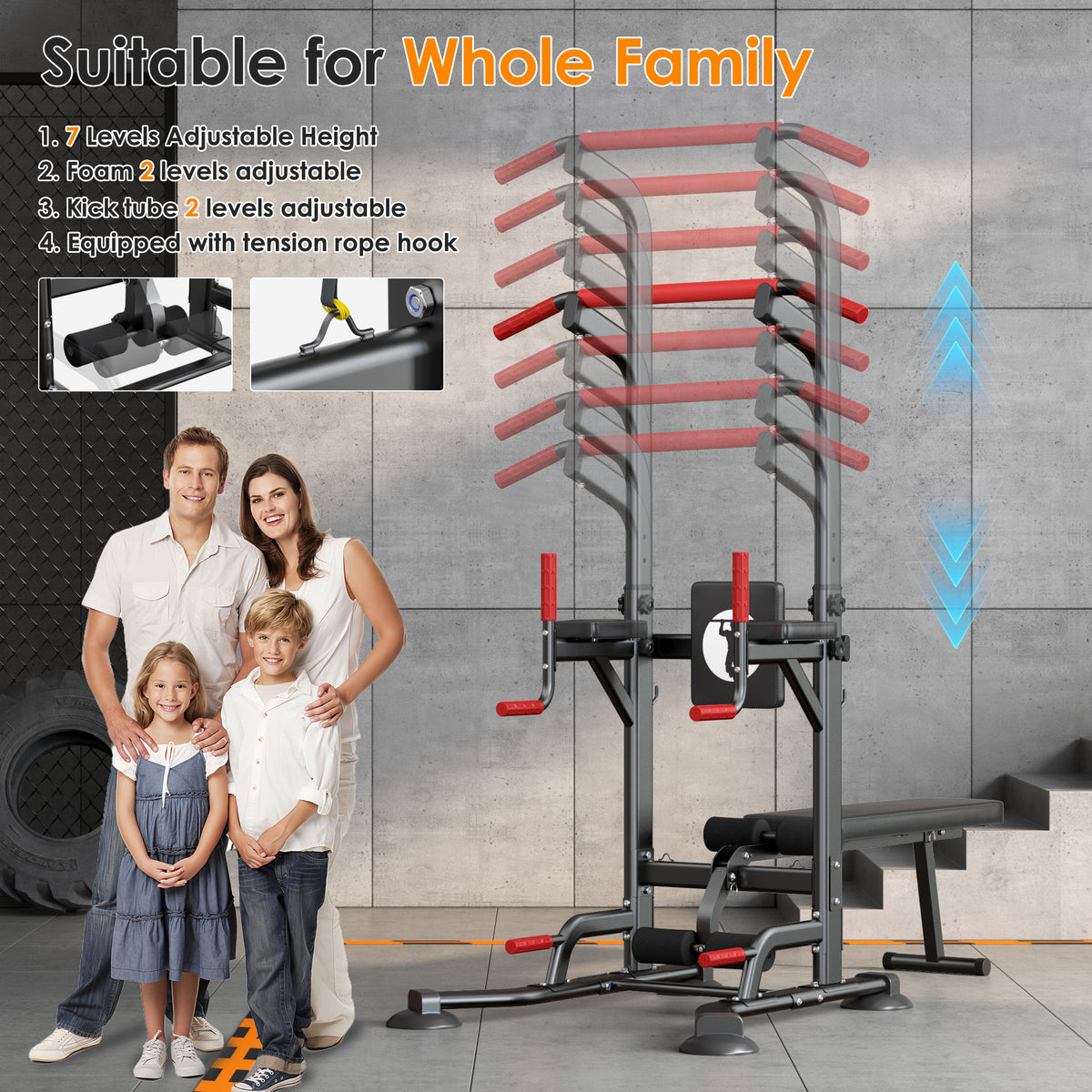 Pull Up Bar Dip Station, Power Tower with Folding Dumbbell Bench & Backrest, Adjustable Height Pull Up Bar Stand, Multi-Function Home Gym Strength Training Fitness Equipment 330LBS