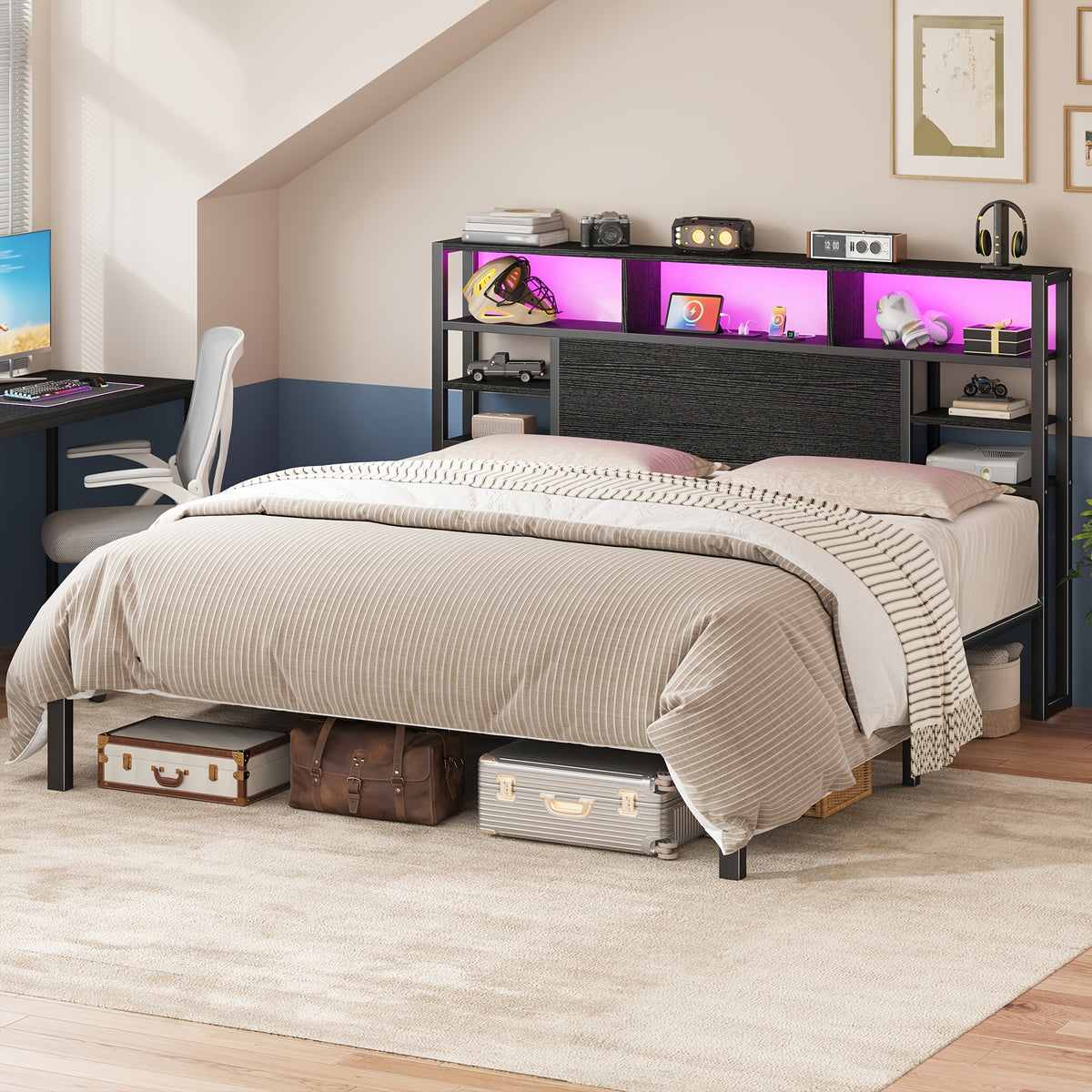 Full/Queen/King Size Bed Frame with Storage Headboard, LED Lights & Charging Station Heavy Duty Metal Platform Bed for Bedrooms, 1100 LBS Capacity, No Box Spring Needed, Easy Assembly, Black, Brown