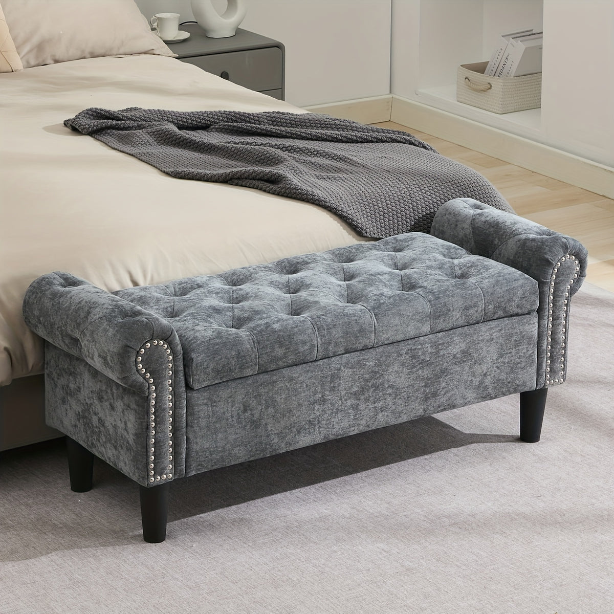 Storage Ottoman with Seat, Safety Hinge Storage Bench, Chenille Fabric, Cushion Storage Bench with Seat, for Bedroom, Living Room