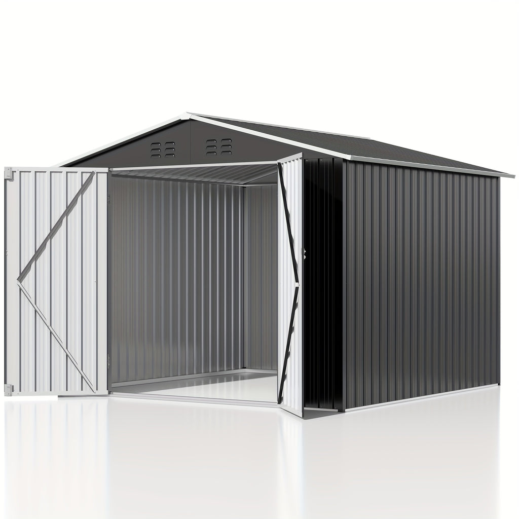 Metal Storage Shed 8' x 8' in Gray with Lockable Doors and Sloped Roof for Backyard Equipment Organization