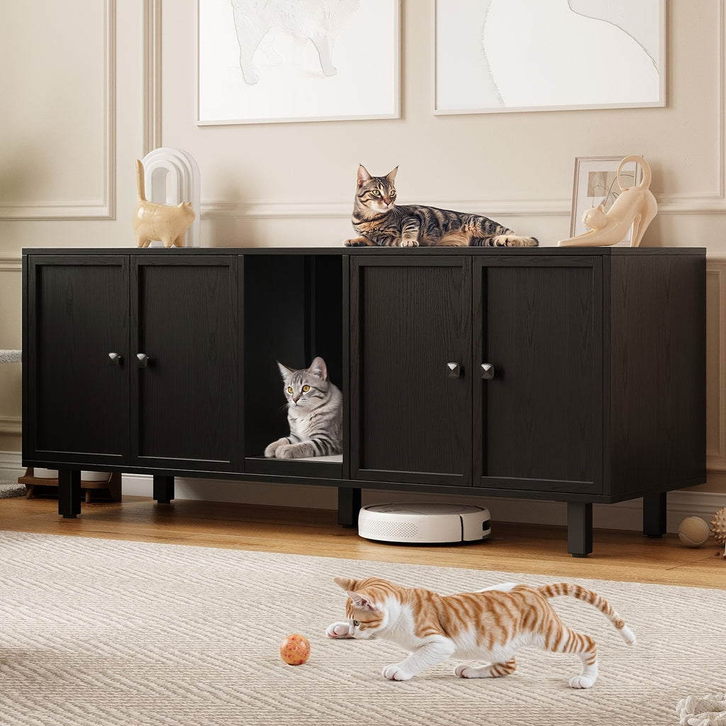 [Cat Litter Box Enclosure] 59 Inches Cat Litter Box Enclosure for 2 Cats, Hidden Litter Boxes Furniture with Cat Scratch Pad, Large Indoor Cat House with Double Room, Wooden TV Stand Side Table, Black