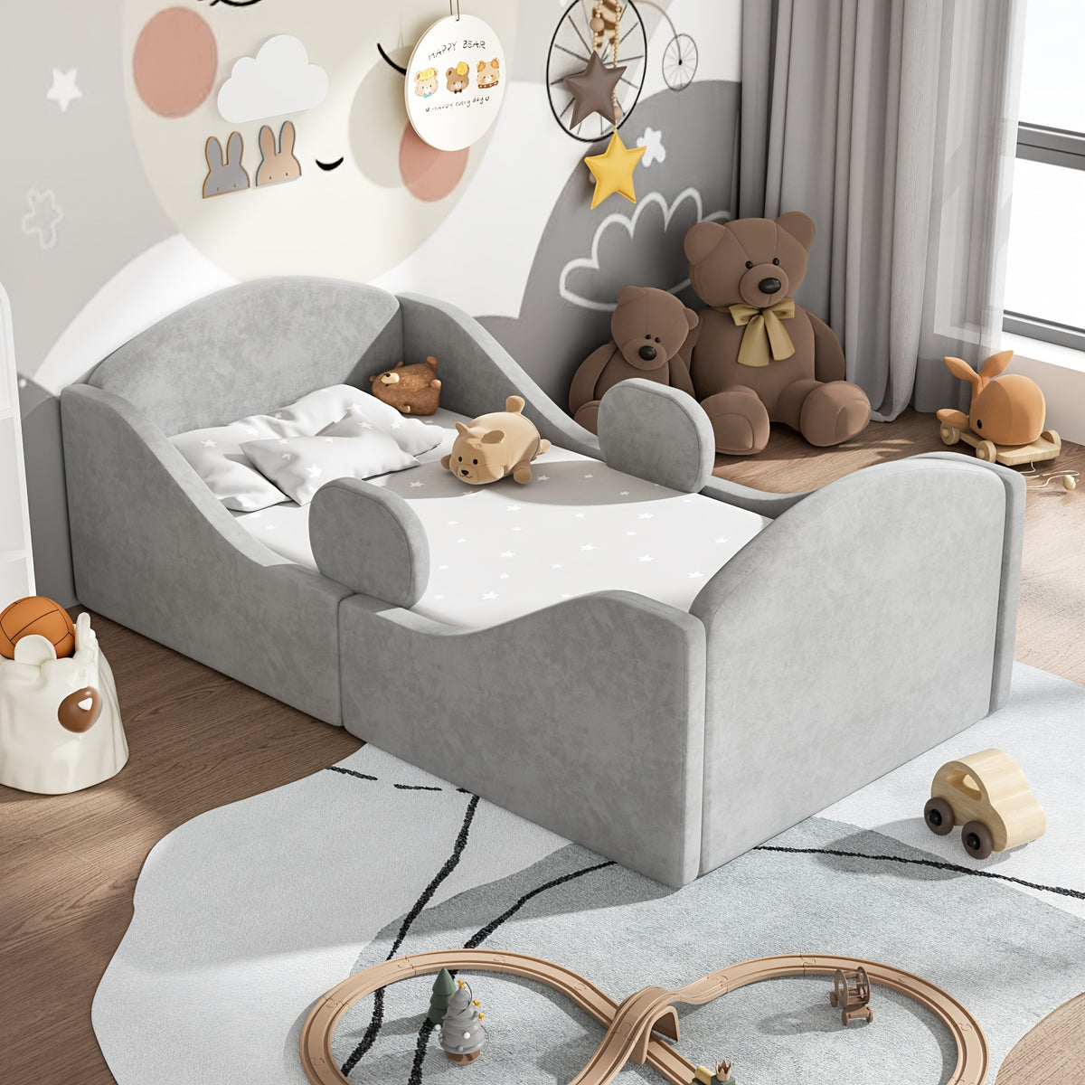 Bed Designed for Toddlers, Featuring Removable Safety Rails And a Soft Upholstered End in Pink, Blue, Or Gray. Note: Mattress Is Not Included