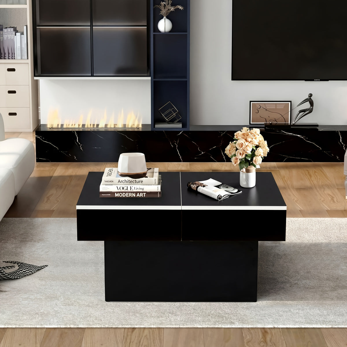 Modern Coffee Table with Sliding Marble Top and Hidden Storage