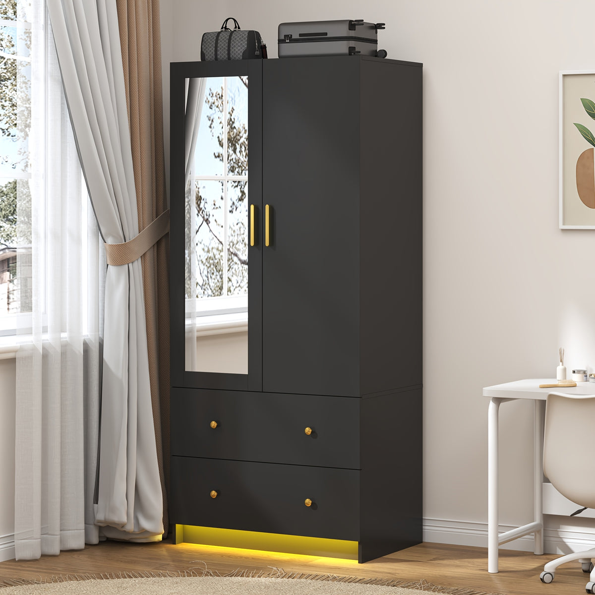 Modern Wardrobe Closet with Mirror And LED Lights, Bedroom Armoire with Drawers And Shelves, Wooden Closet Cabinet with Hanging Rod