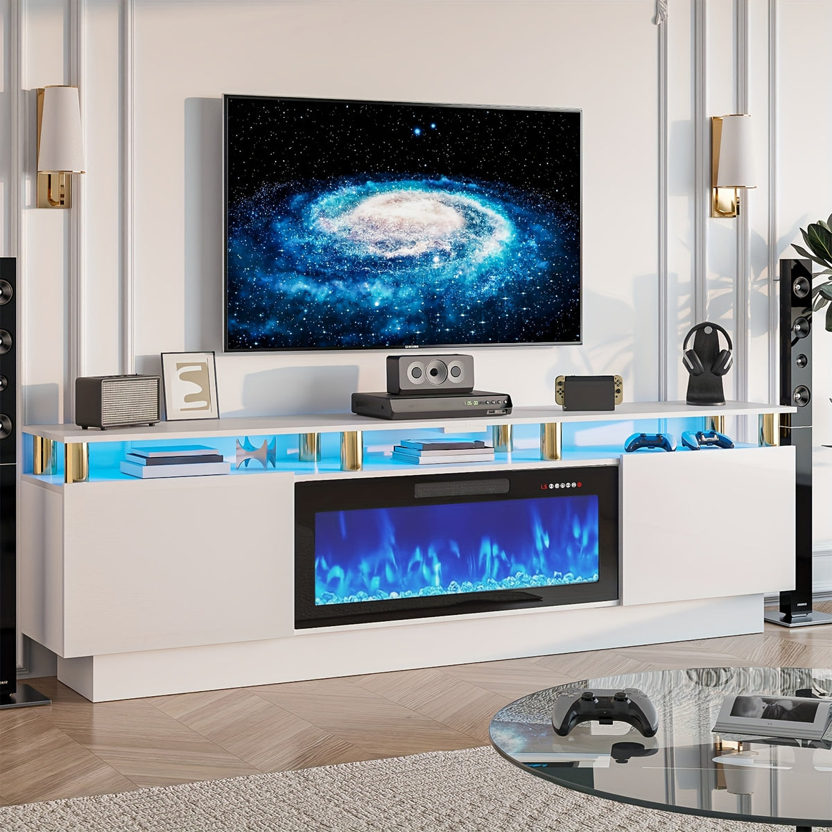 80" Fireplace TV Stand with 36" Fireplace, 2-Tier 80" LED Entertainment Center with Fireplace for Tvs Up to 90", Modern Wood TV Media with Storage Cabinets for Living Room