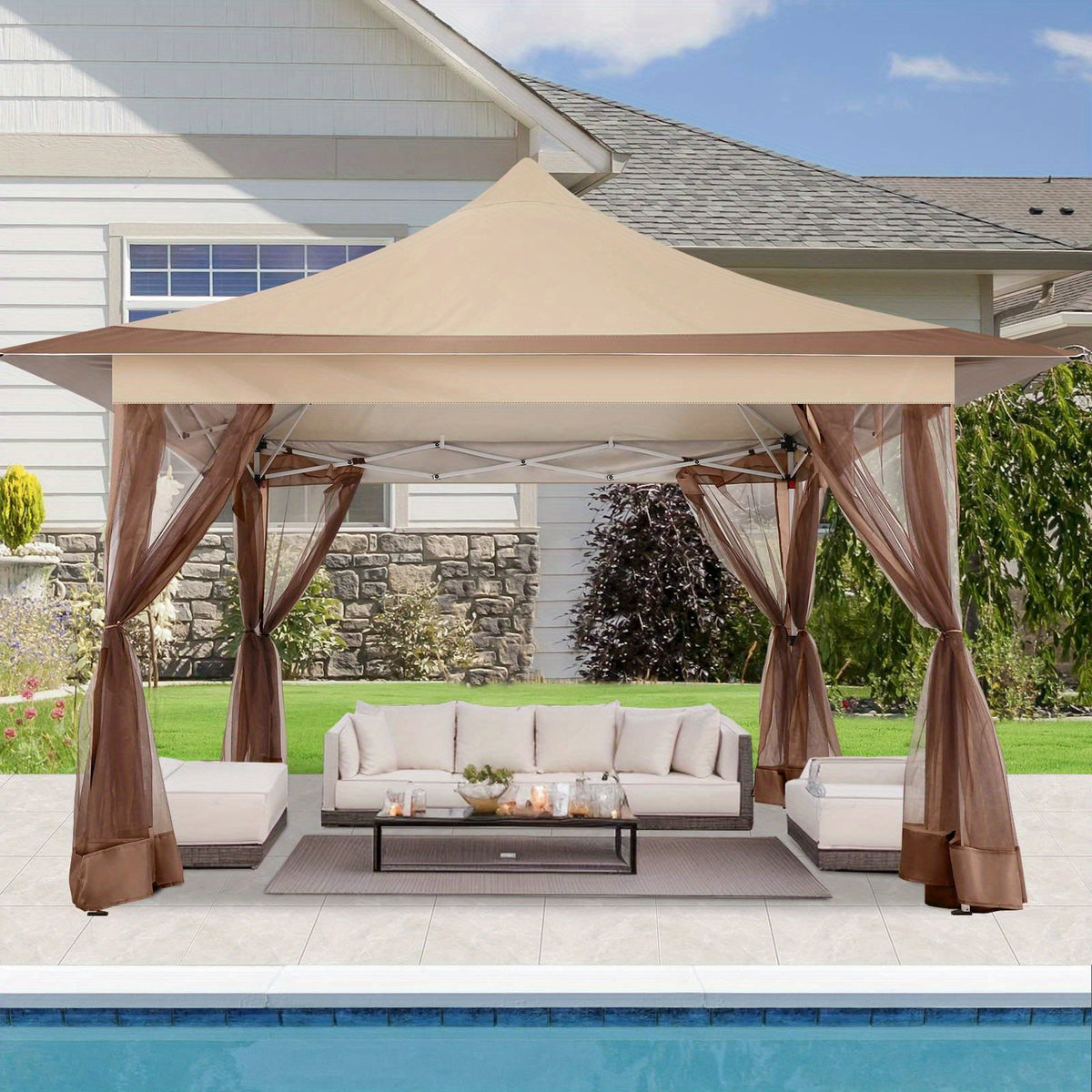12x12ft Foldable Pop-up Tent, Home Decoration Party Canopy Gazebo with Mosquito Net, Including Carrying Bag and Sandbag, UV and Insect Repellent, Easy to Install, Perfect for Camping, Beach, Party, Yard, Villa, Lawn and Other Outdoor Events