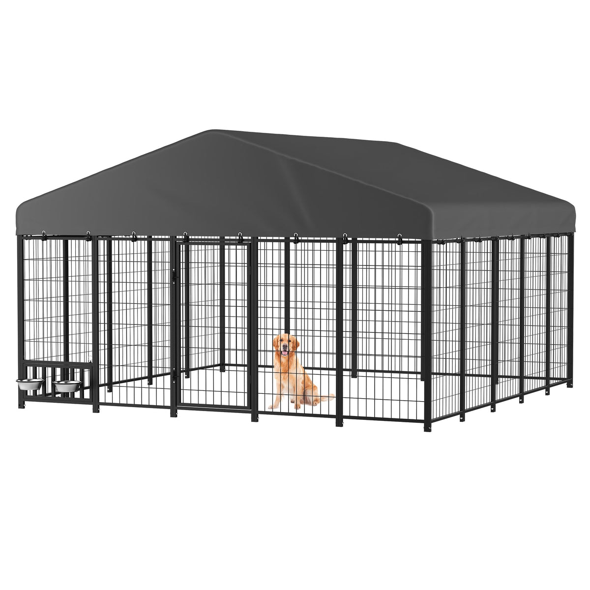 Heavy Duty Outdoor Dog Kennel for Yard, 10x10 Large Chain Link Fence with Roof, Dog Run Enclosure with Self-Locking Latch & Feeding Bowl