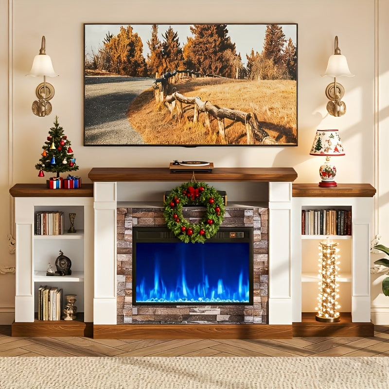 A 70-Inch Television Stand Featuring an Electric Fireplace And Mantel, This Modern Entertainment Unit Provides Open Storage, Remote Control, Adjustable Flames, And LED Lighting, Making It Perfect for Living Rooms And Bedrooms