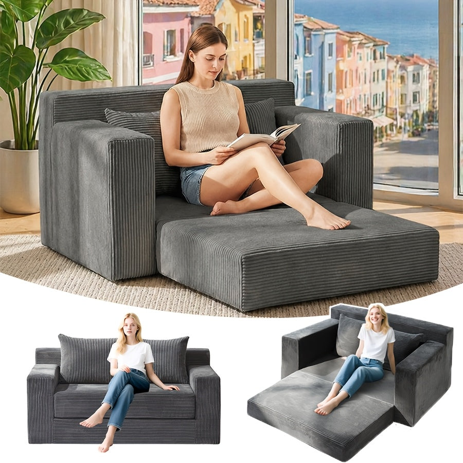 Convertible Sofa Bed, 3in 1 Loveseat Folding Couch Bed Foldable - Boneless Couch & Floor Futon Sleeper, Corduroy Pull Out Sofa Bed with 4 Pillows for Living Room