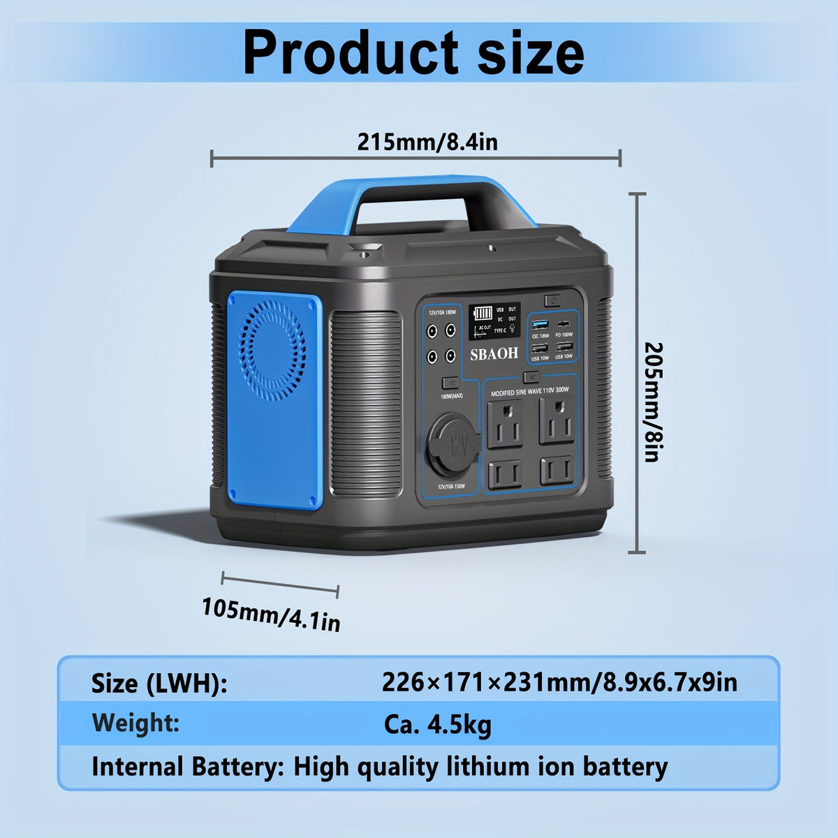 300W Portable Power Station, 296Wh Power Supply Quick Charge/ 110V AC Outlets/DC Ports And LED Flashlight, Lithium Battery Backup For Home Outdoor Travel Camping Blackout Blue