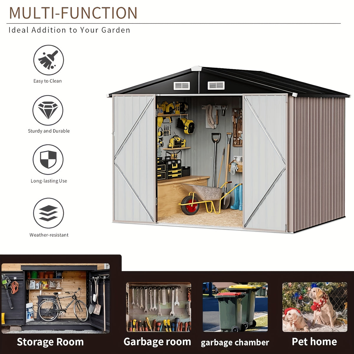 Outdoor Storage Shed with Padlock-Ready Doors and Sloped Roof for Garden Tools, Bikes or Seasonal Item Storage